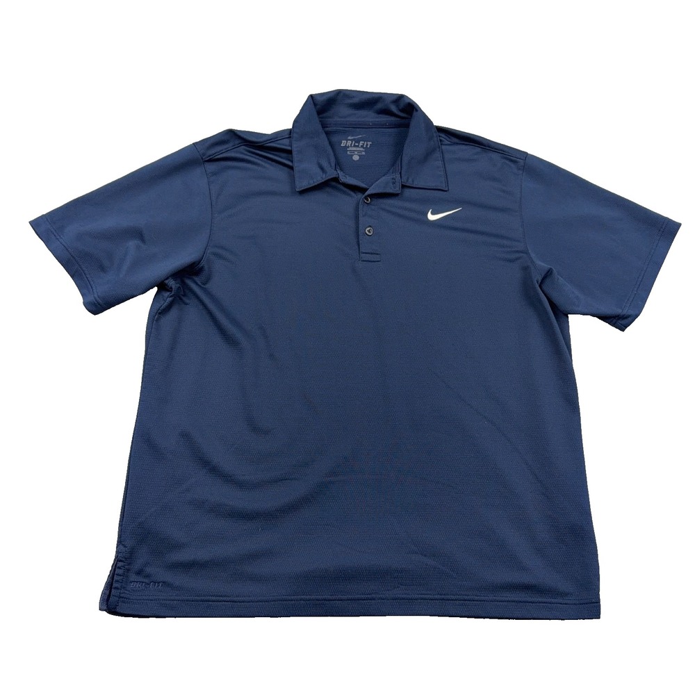 Nike Polo Shirt Men XL Navy Blue Dri Fit Performance Golf Club Swoosh Wicking A6